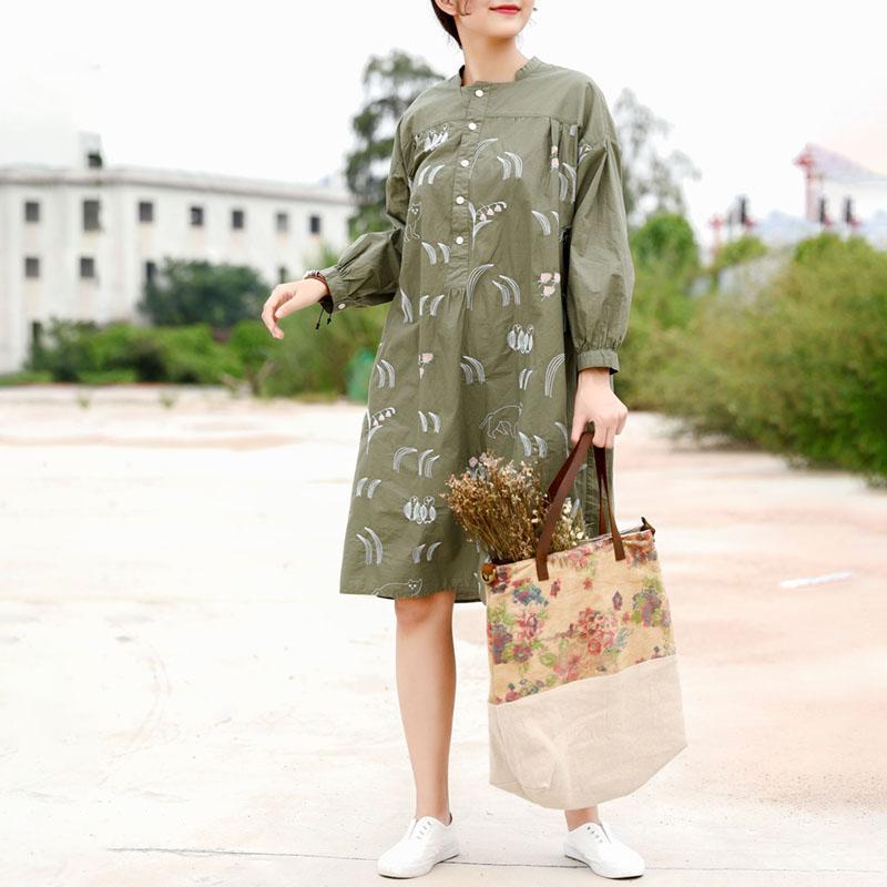 Owl Embroidery Green Long Sleeve Dress