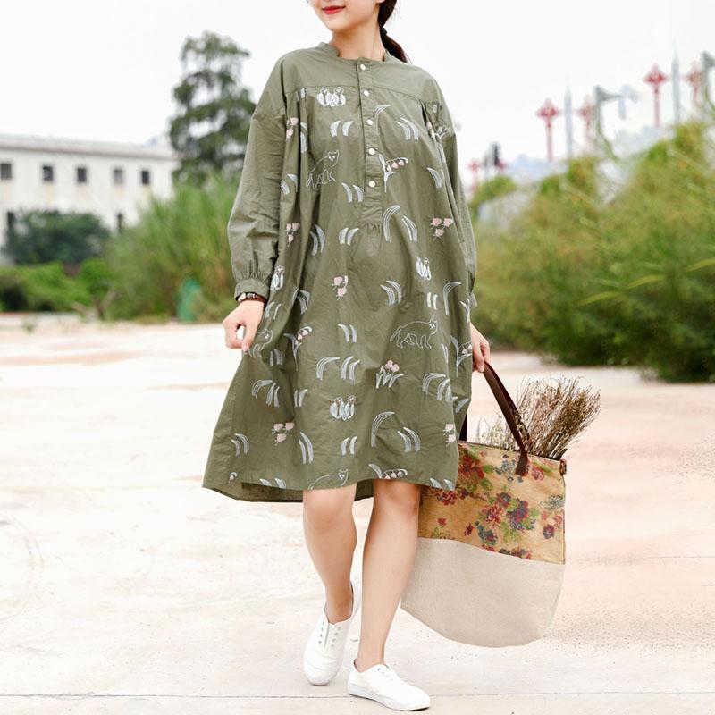 Owl Embroidery Green Long Sleeve Dress