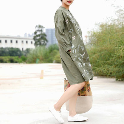 Owl Embroidery Green Long Sleeve Dress