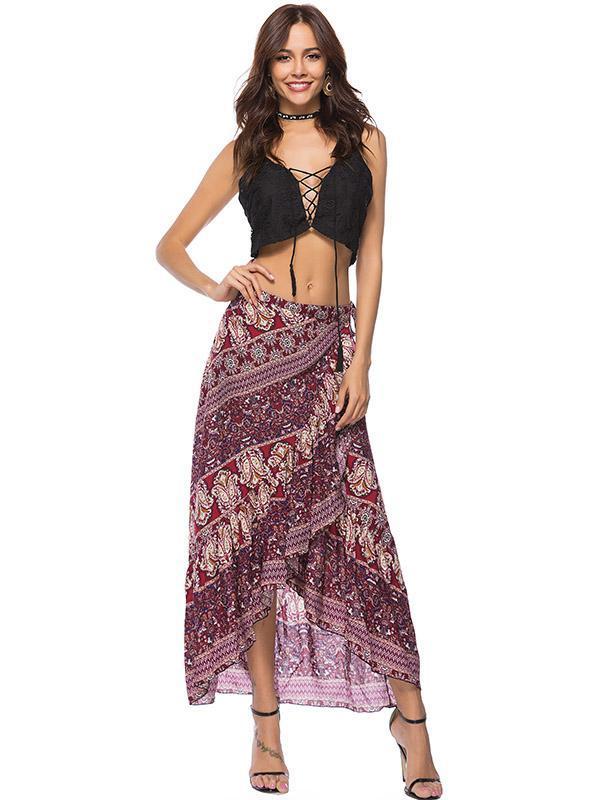 Floral Printed Belted Falbala Skirt Bottoms