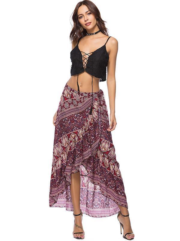 Floral Printed Belted Falbala Skirt Bottoms