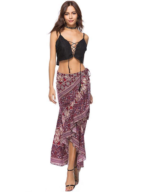 Floral Printed Belted Falbala Skirt Bottoms