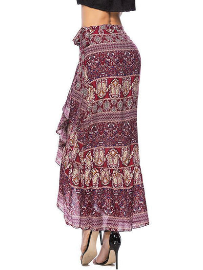 Floral Printed Belted Falbala Skirt Bottoms