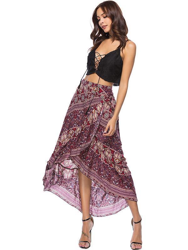 Floral Printed Belted Falbala Skirt Bottoms