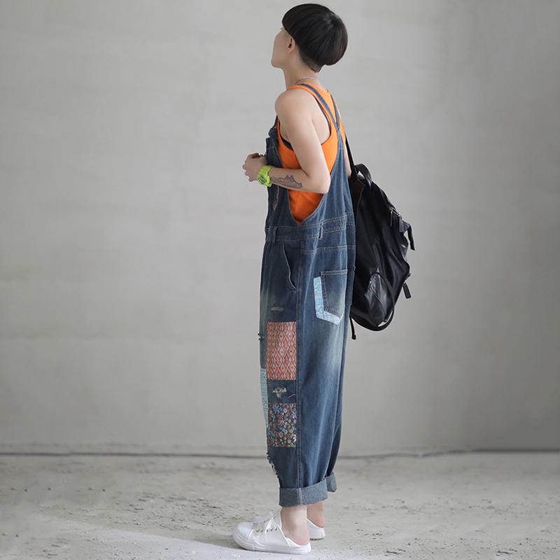 Patch Designs Distressed Denim Women Overalls