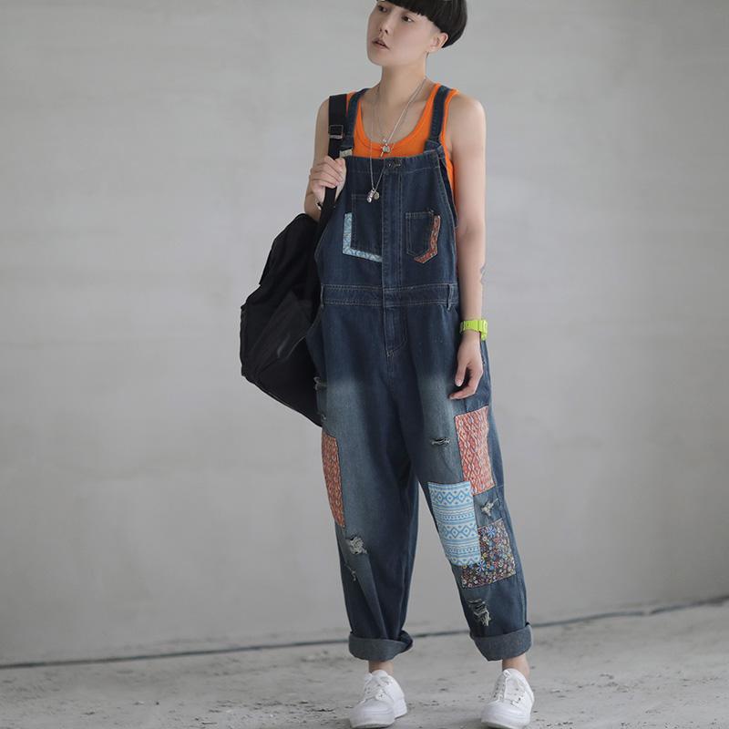 Patch Designs Distressed Denim Women Overalls