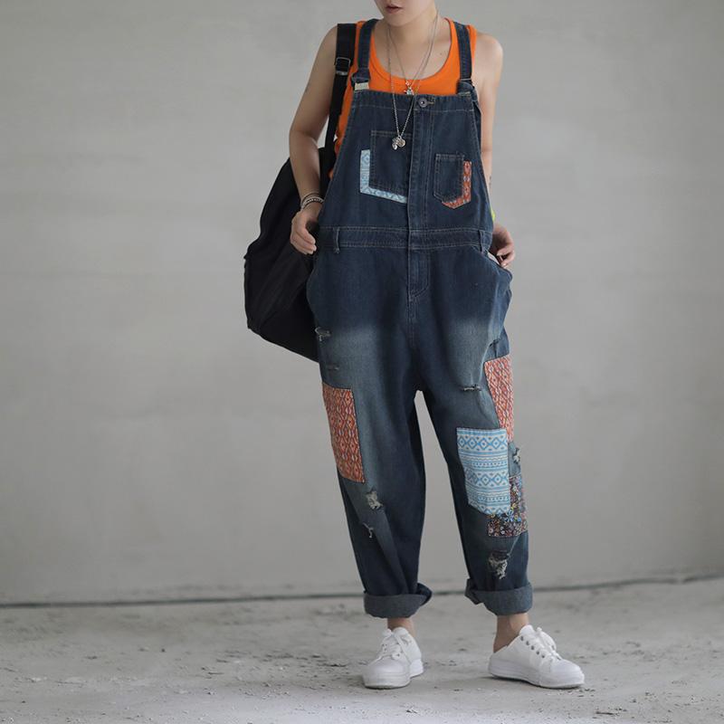 Patch Designs Distressed Denim Women Overalls
