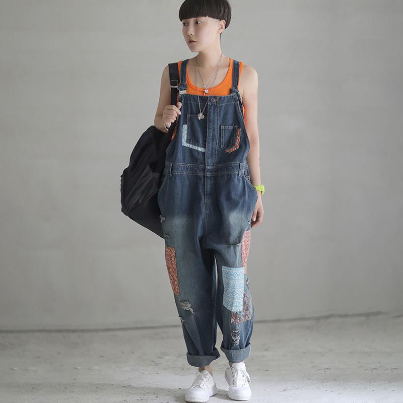 Patch Designs Distressed Denim Women Overalls