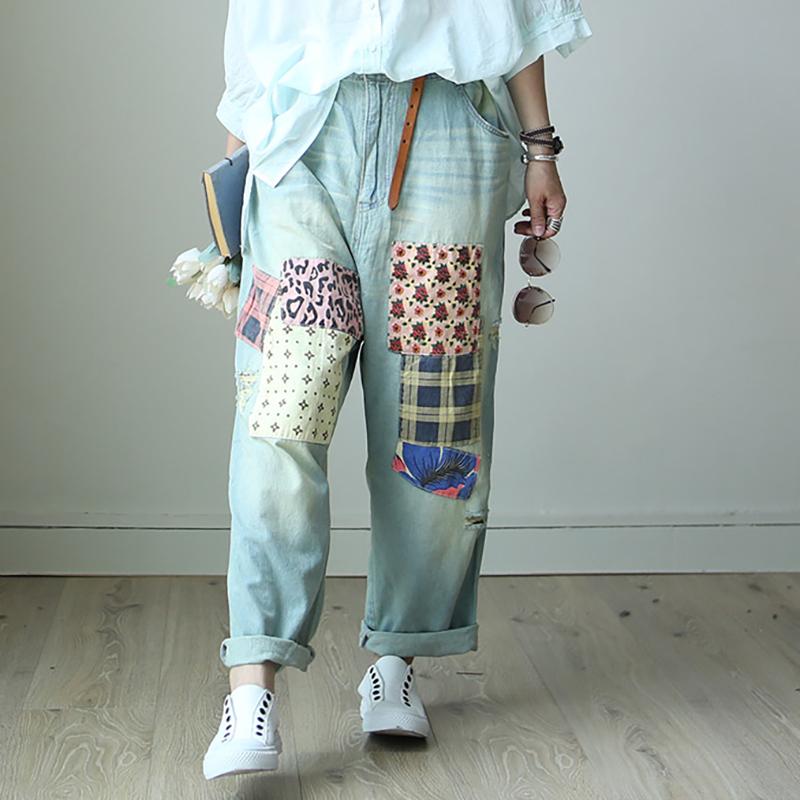 Patchwork Casual Women Loose Denim Pants