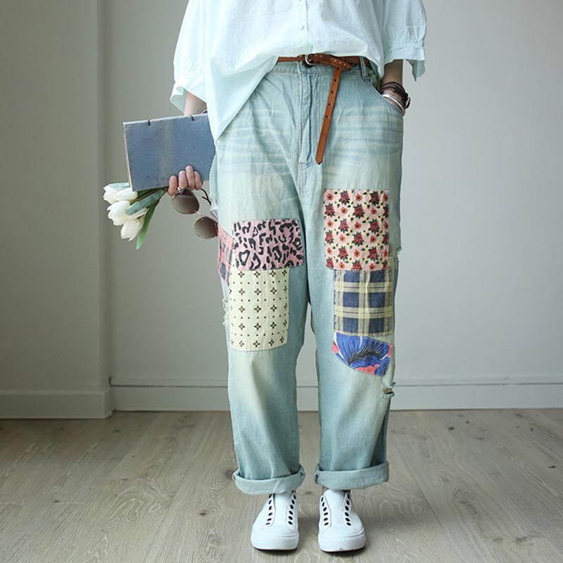 Patchwork Casual Women Loose Denim Pants
