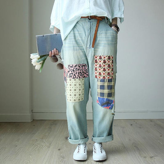 Patchwork Casual Women Loose Denim Pants