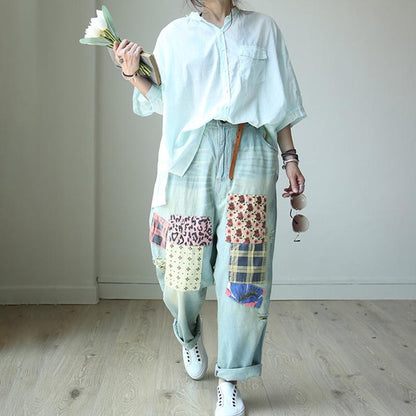 Patchwork Casual Women Loose Denim Pants
