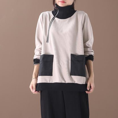 Patchwork Casual Zipper Turtleneck Soft Sweatshirt