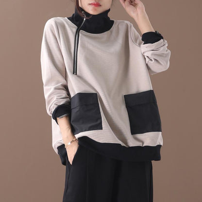 Patchwork Casual Zipper Turtleneck Soft Sweatshirt
