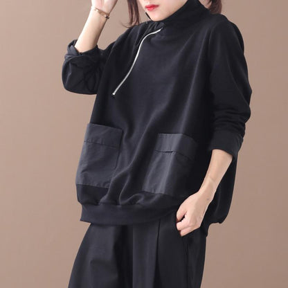 Patchwork Casual Zipper Turtleneck Soft Sweatshirt