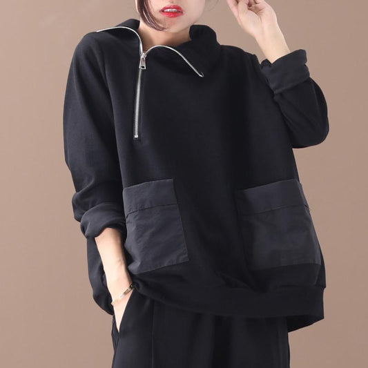Patchwork Casual Zipper Turtleneck Soft Sweatshirt