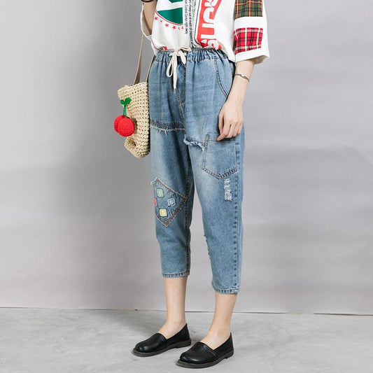 Patchwork Frayed Burr Pockets Casual Jeans