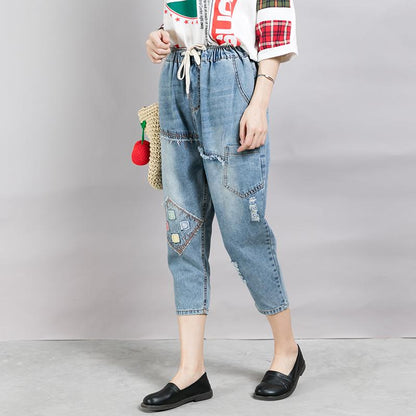 Patchwork Frayed Burr Pockets Casual Jeans