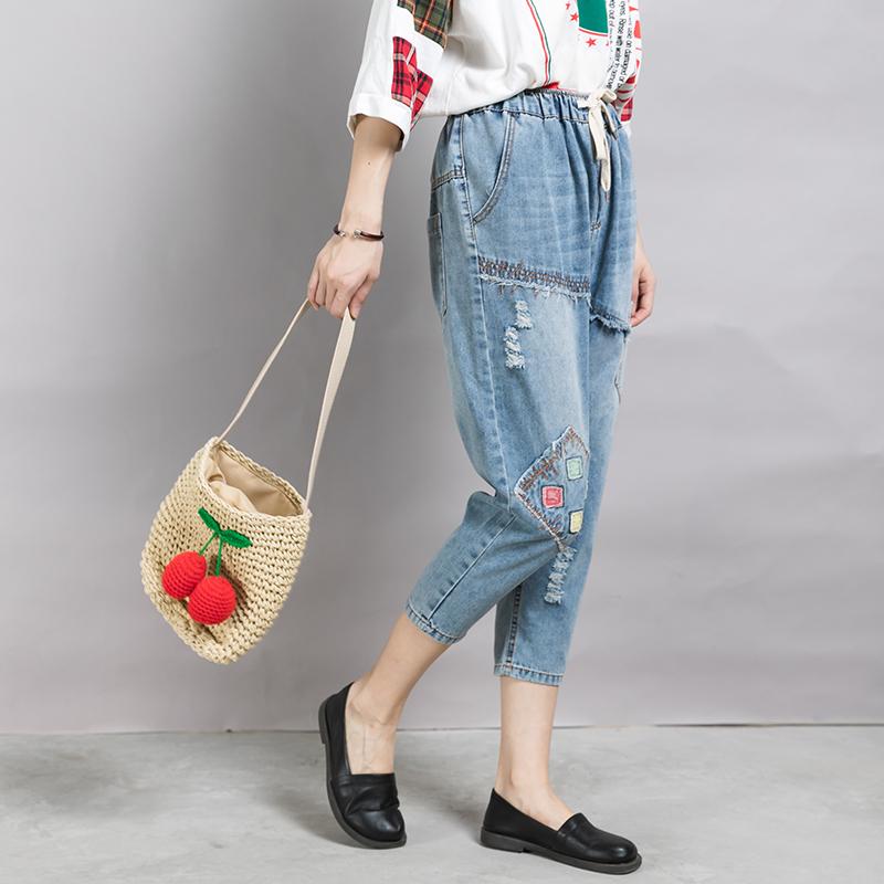 Patchwork Frayed Burr Pockets Casual Jeans