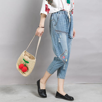 Patchwork Frayed Burr Pockets Casual Jeans