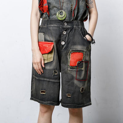 Patchwork Hole Embroidery Frayed Casual Jeans