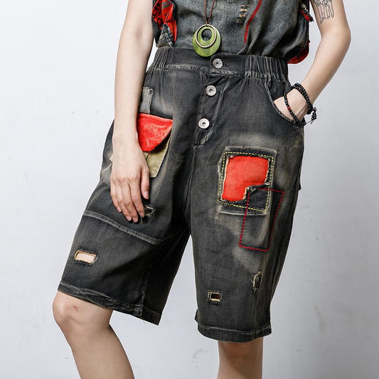 Patchwork Hole Embroidery Frayed Casual Jeans