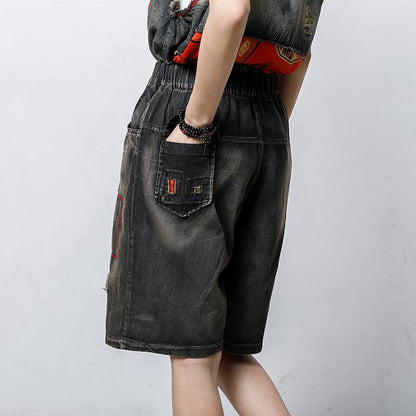 Patchwork Hole Embroidery Frayed Casual Jeans