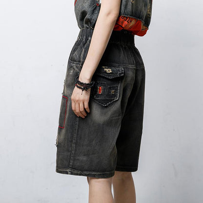 Patchwork Hole Embroidery Frayed Casual Jeans