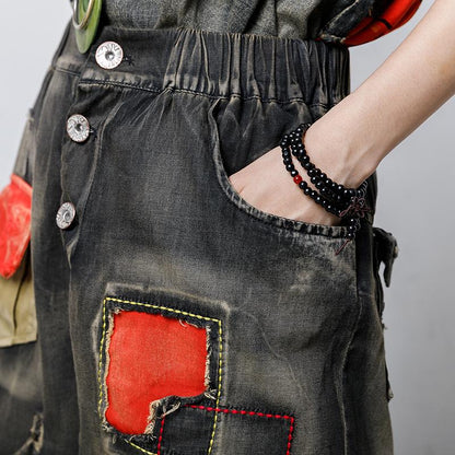 Patchwork Hole Embroidery Frayed Casual Jeans