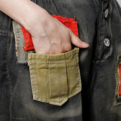 Patchwork Hole Embroidery Frayed Casual Jeans