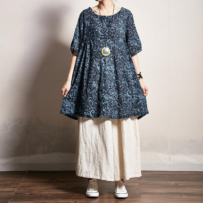 Pattern Printed Pleated Loose Comfortable T-Shirt
