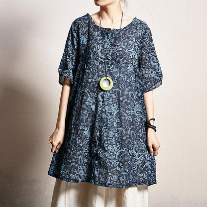 Pattern Printed Pleated Loose Comfortable T-Shirt