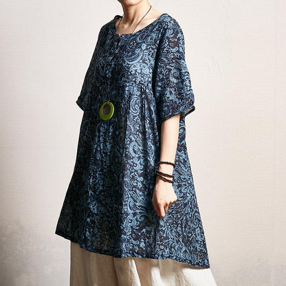 Pattern Printed Pleated Loose Comfortable T-Shirt
