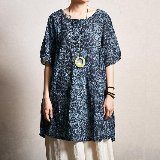 Pattern Printed Pleated Loose Comfortable T-Shirt