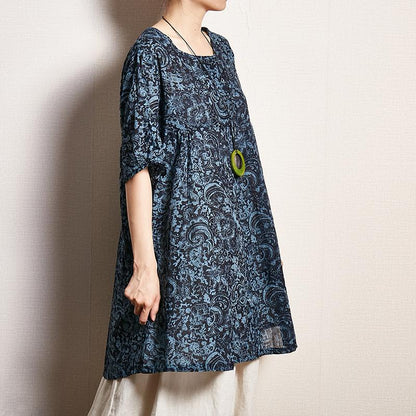 Pattern Printed Pleated Loose Comfortable T-Shirt