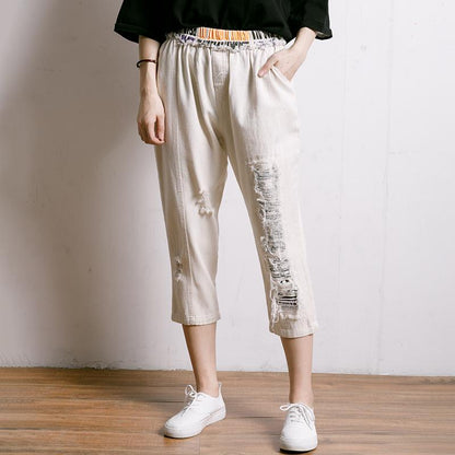 Personality Burr Casual Frayed Elastic Waist Jeans