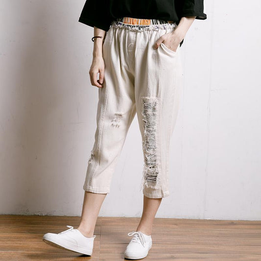 Personality Burr Casual Frayed Elastic Waist Jeans