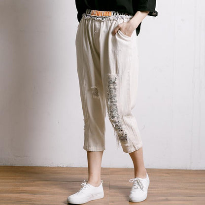 Personality Burr Casual Frayed Elastic Waist Jeans