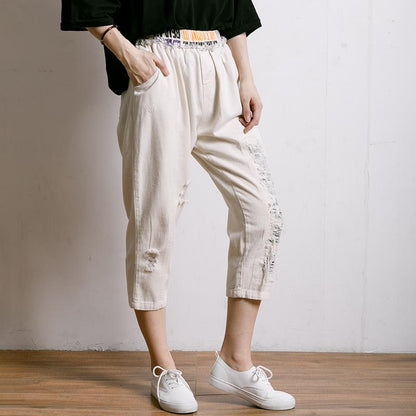 Personality Burr Casual Frayed Elastic Waist Jeans