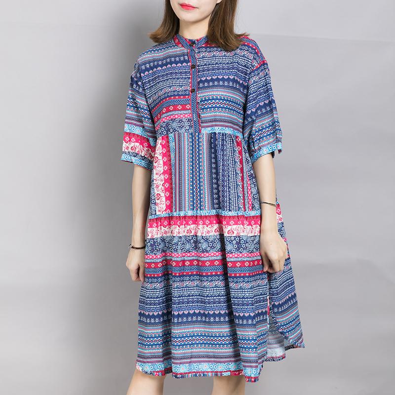 Placket Front Printed Split Casual Dress