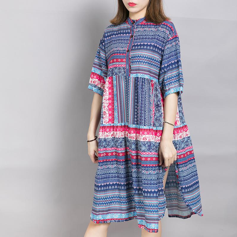 Placket Front Printed Split Casual Dress