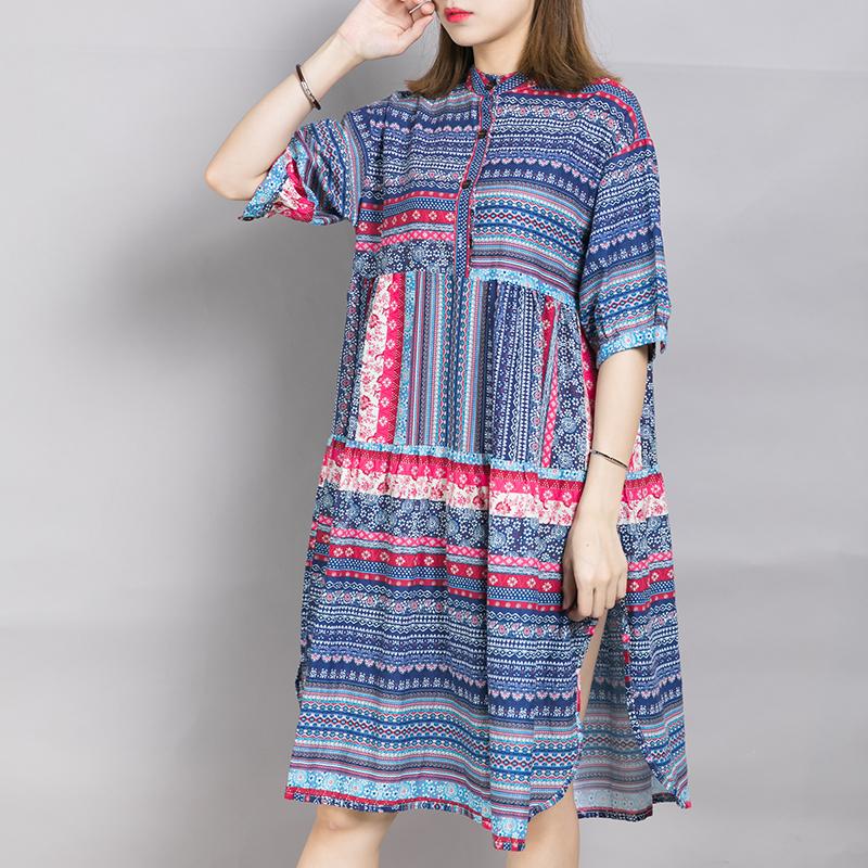 Placket Front Printed Split Casual Dress