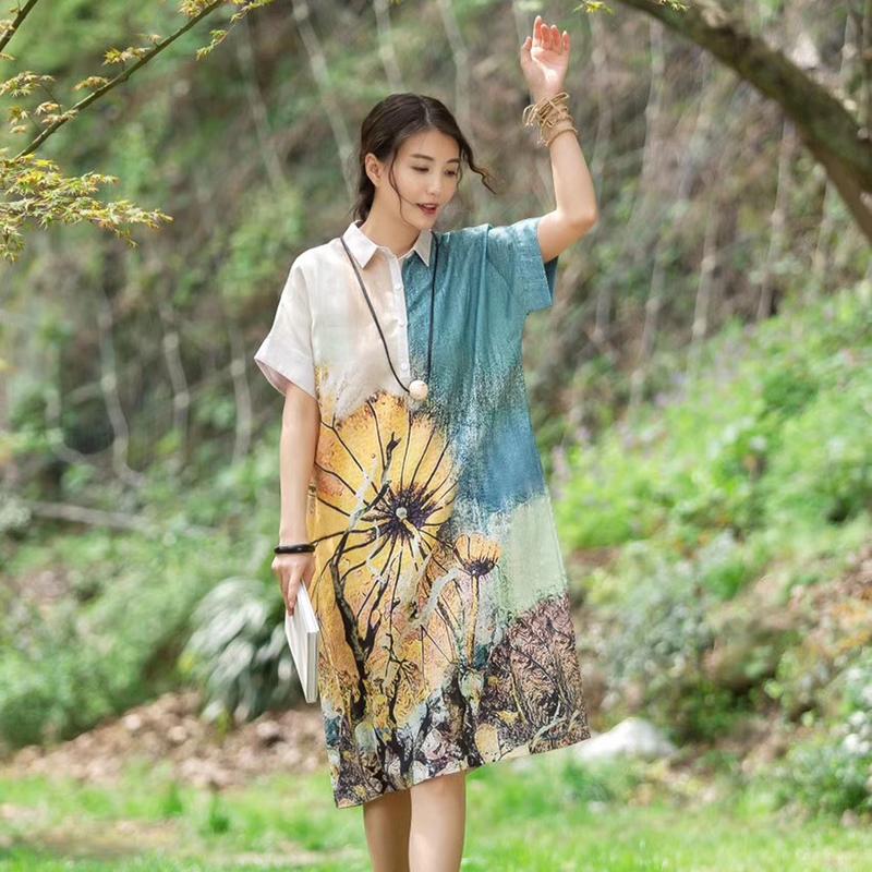 Placket Front Printed Square Collar Dress