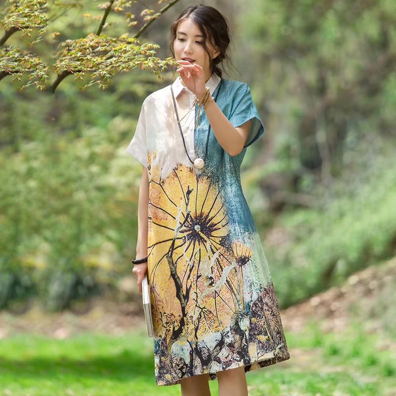 Placket Front Printed Square Collar Dress