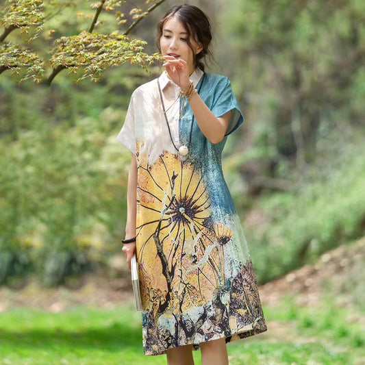 Placket Front Printed Square Collar Dress