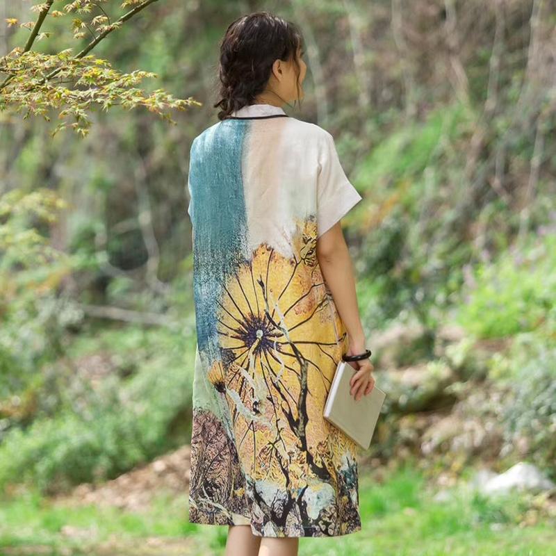 Placket Front Printed Square Collar Dress