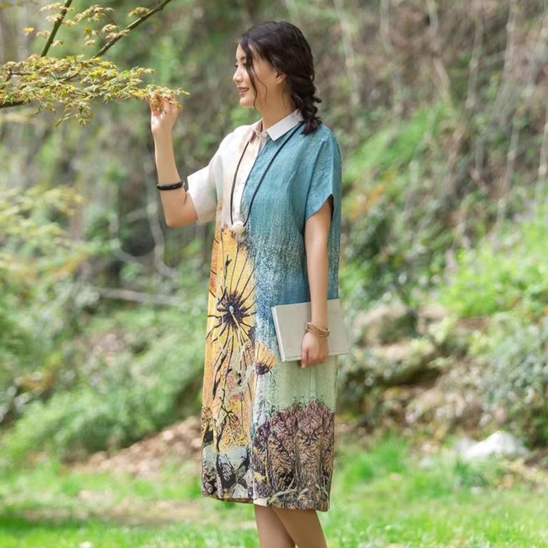 Placket Front Printed Square Collar Dress