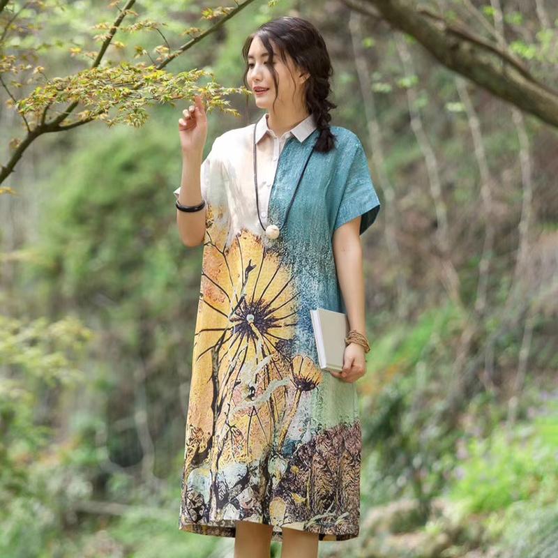 Placket Front Printed Square Collar Dress