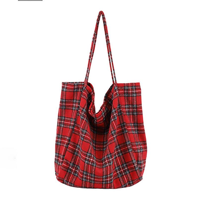 Plaid Canvas Large Shopping Shoulder Bag