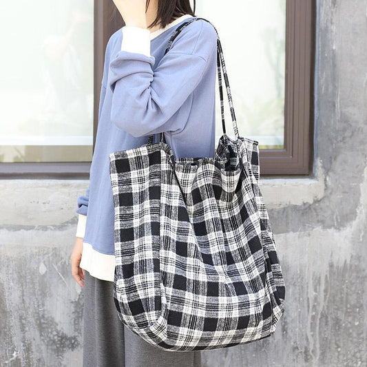 Plaid Canvas Large Shopping Shoulder Bag